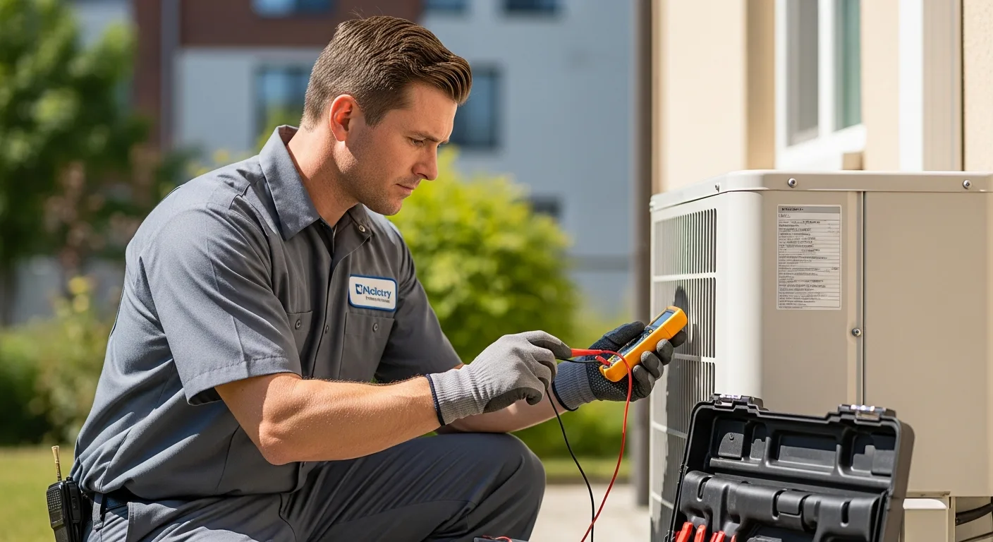HVAC technician checking an outdoor unit with a multimeter